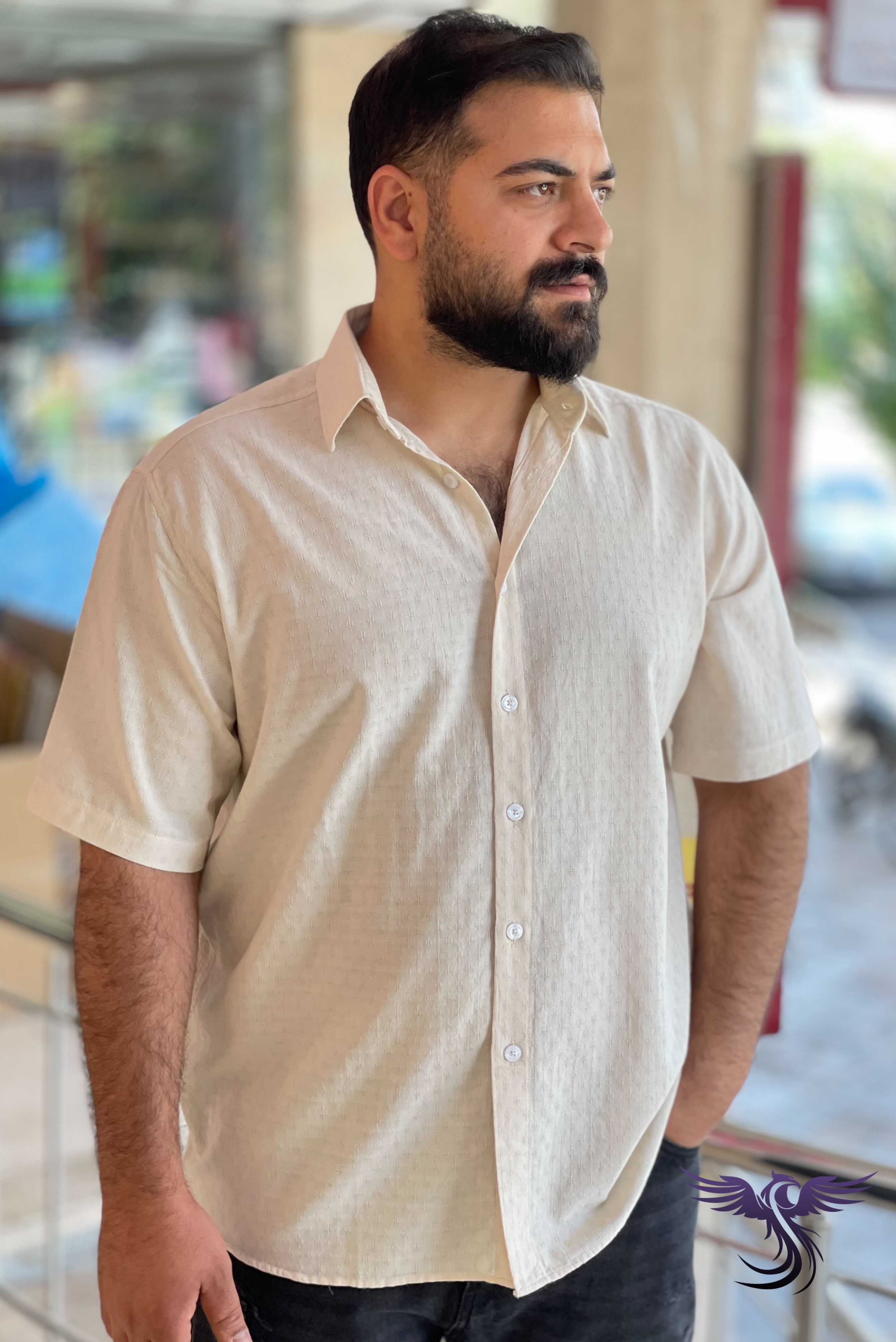پیراهن آستین کوتاه مردانه لینن ژاکارد ترک تابستانی