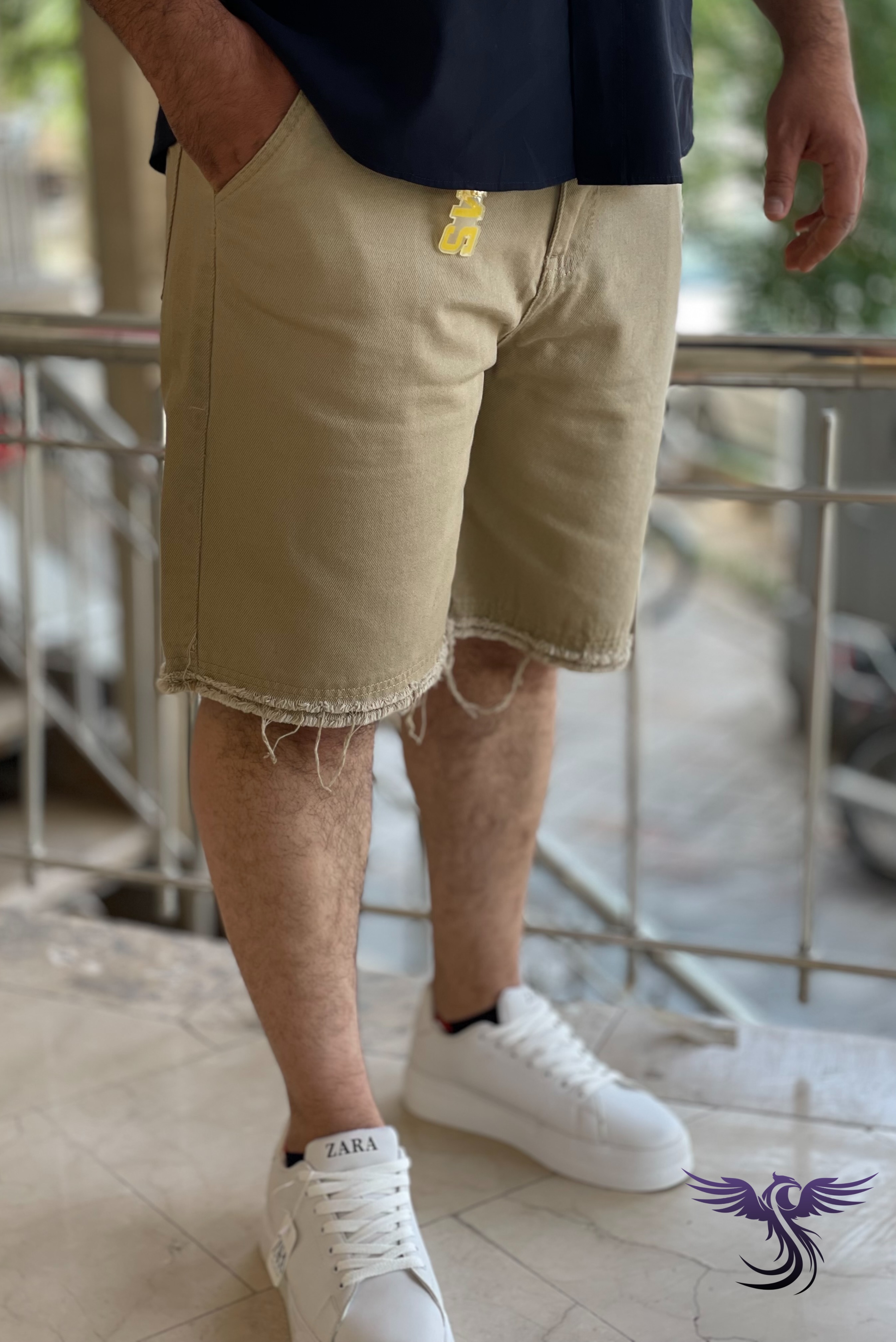 شلوارک جین مردانه ساده رنگ کرم
